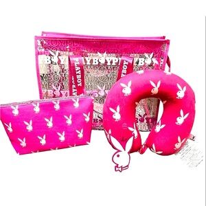 Playboy 4-PC Signature Logo Transparent Tote Travel Set: Tote, Pillow, 💄, 🐰 tag